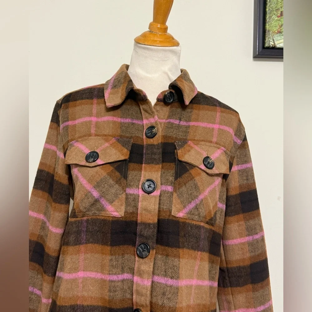 BB Dakota Plaid Jacket Boxy Shacket by Steve Madden Brown Pockets Women’s Size S